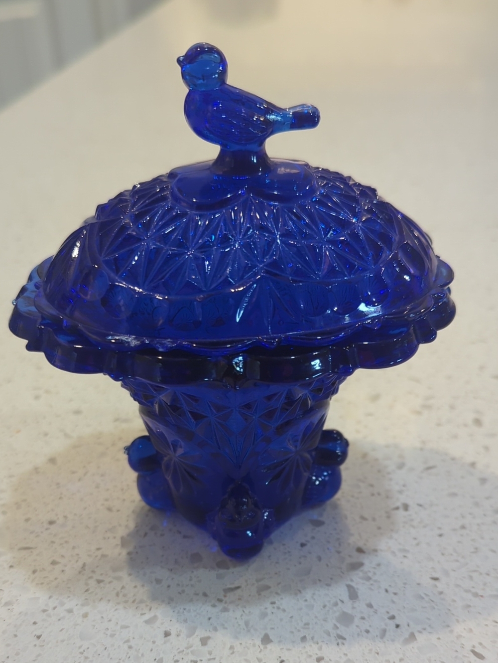 Hofbauer Vintage Cobalt Blue Glass Covered Candy Dish with Bird Finial
